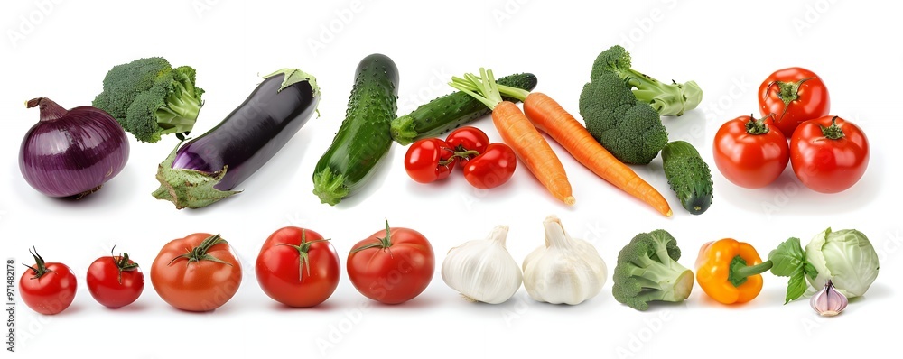 Assortment of fresh vegetables, including tomatoes, cucumbers, carrots, and broccoli, ready for cooking.
