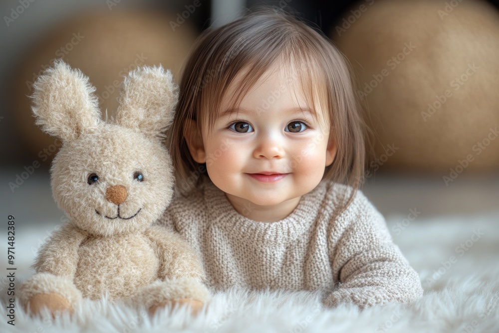 A young child smiles brightly beside a plush bunny toy in a cozy setting A young child smiles brightly beside a plush bunny toy in a cozy setting