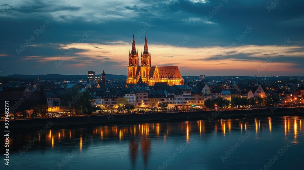 Mainz Cathedral at twilight, with the illuminated spires contrasting against the darkening sky, and the city lights beginning to twinkle below.