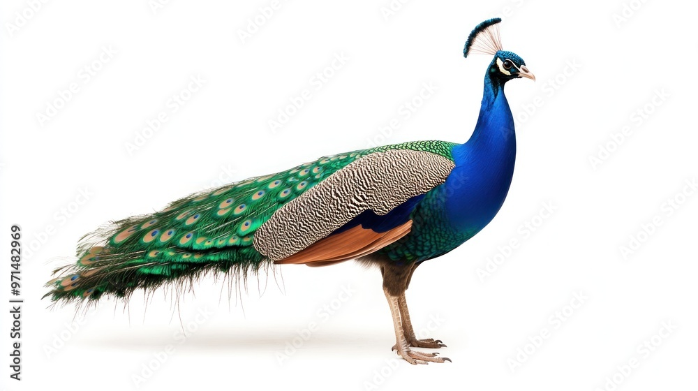 Peacock with Folded Tail Feathers on White Background Peacock with Folded Tail Feathers on White Background