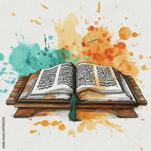 Holy Quran with rosary, open on the wooden book holder. Design element for Ramadan or other religious islamic holidays and events. Vector 3d realistic illustration