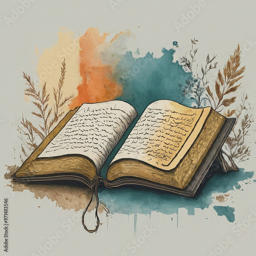  an open holy book the Turki on a stand. Vector sketch drawn image with watercolor splashes on a color background