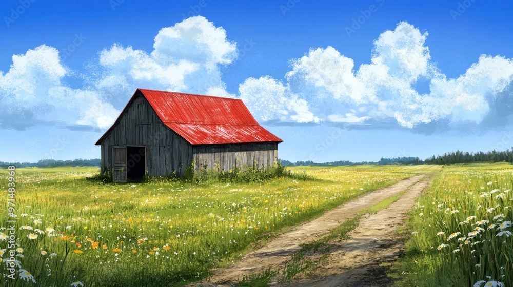 Obraz premium Red Roofed Barn in a Field of Flowers