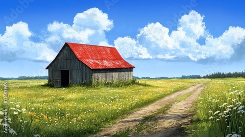 Red Roofed Barn in a Field of Flowers