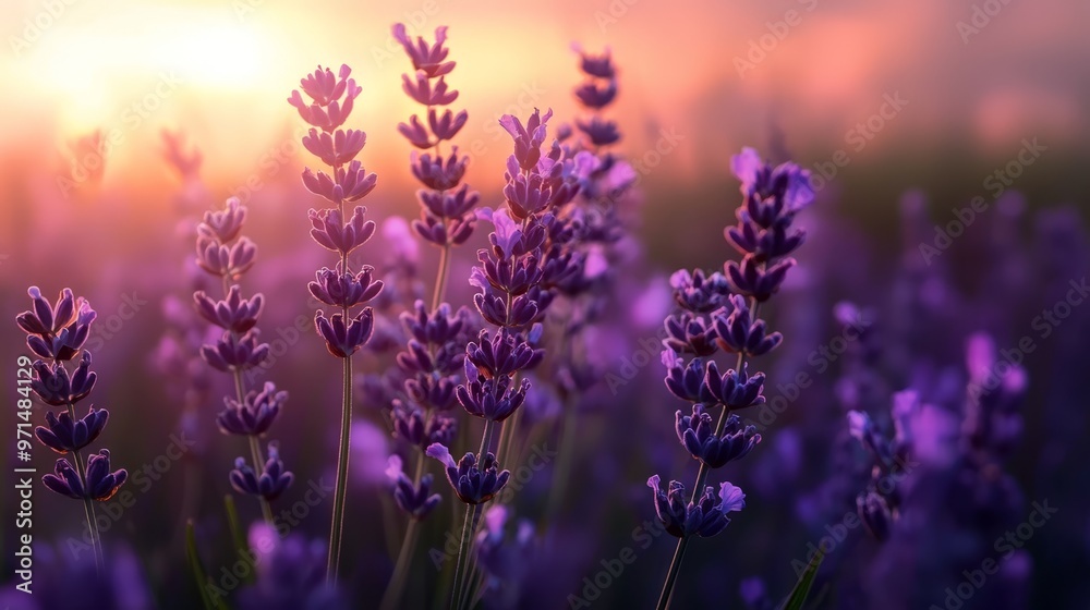 foreground, lavender flowers; background, sun setting foreground, lavender flowers; background, sun setting