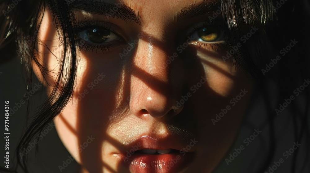 Close-up portrait of a woman with sunlight filtering through her hair, highlighting her face and eyes.
