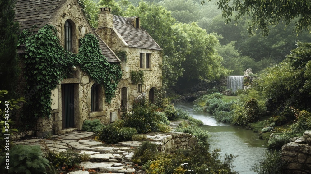 Obraz premium Stone Cottage by the Stream