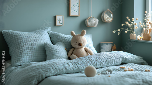 A plush teddy bear sits on a bed with blue bedding and throw pillows in a cozy bedroom. photo