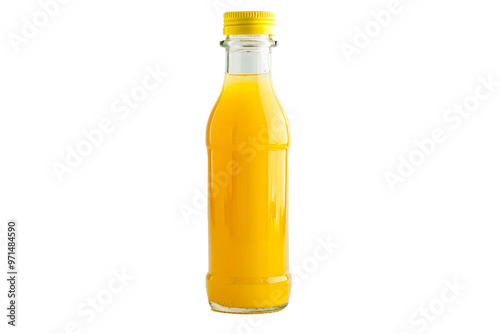 Modern juice bottle with a transparent body and vibrant fruit graphics isolated on transparent background