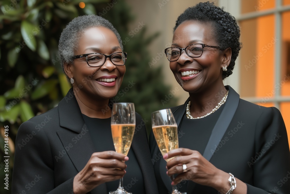 Two stylish senior women are seen smiling and raising champagne glasses in a celebratory toast. Two stylish senior women are seen smiling and raising champagne glasses in a celebratory toast.