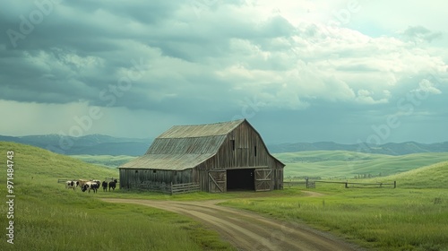 Rustic Barn in a Rolling Green Landscape