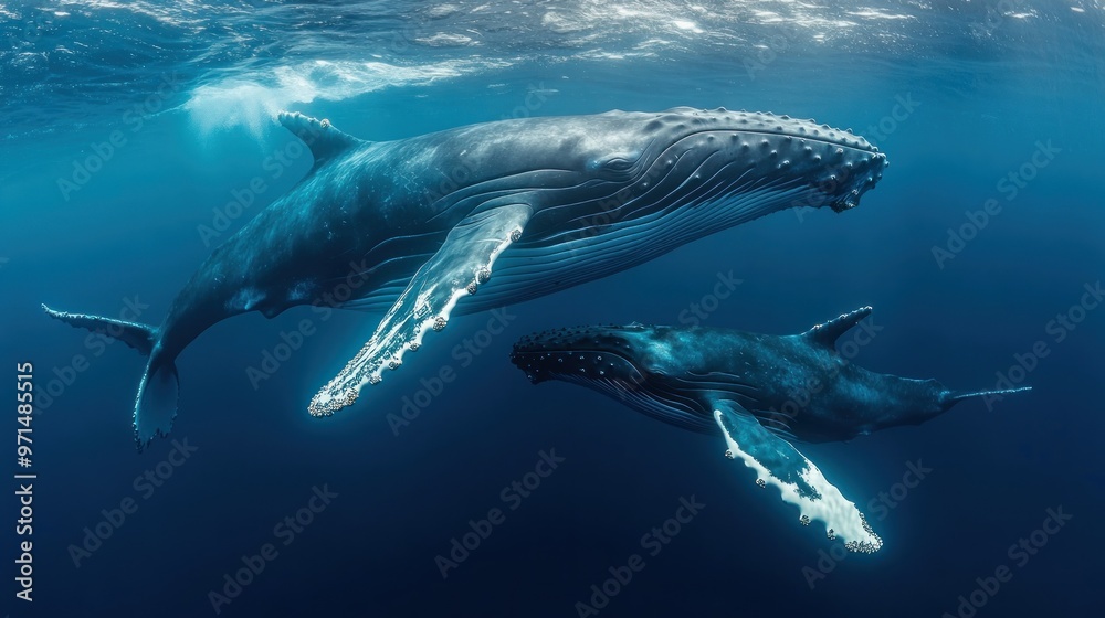 Fototapeta premium Humpback Whales Swimming in the Blue