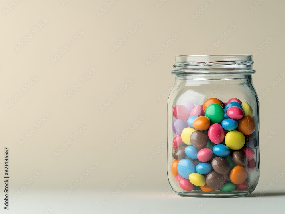 A glass jar filled with colorful candy sits on a white surface against a beige background. A glass jar filled with colorful candy sits on a white surface against a beige background.