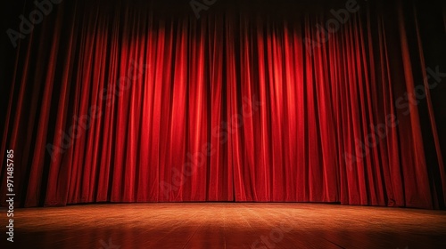 Red Velvet Stage Curtains with Wooden Floor for Theater Performance