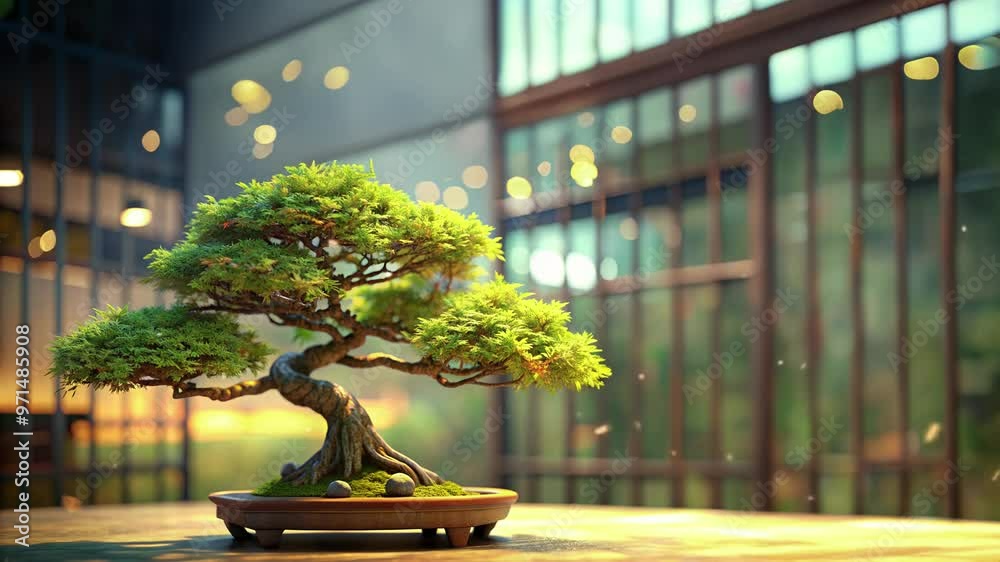 bonsai plants in the room and there are sparks of fire with a Japanese living room theme bonsai plants in the room and there are sparks of fire with a Japanese living room theme