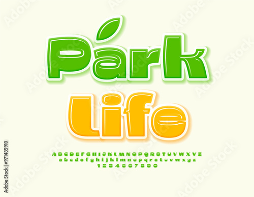 Vector ecologic template Park Life. Stylish Green Font. Trendy Alphabet Letters and Numbers set.