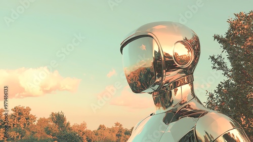 A futuristic robot stands against a serene landscape, reflecting its surroundings and showcasing advanced technology. photo