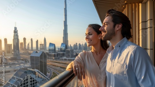 A romantic couple on vacation, enjoying the panoramic view of Dubai from their balcony, iconic skyscrapers and clear skies
