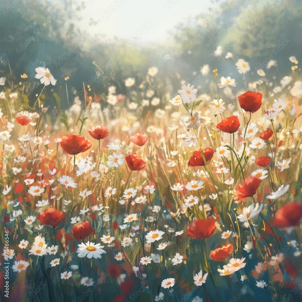 Obraz premium Bright spring meadow filled with wildflowers, from daisies to poppies, under soft, golden sunlight