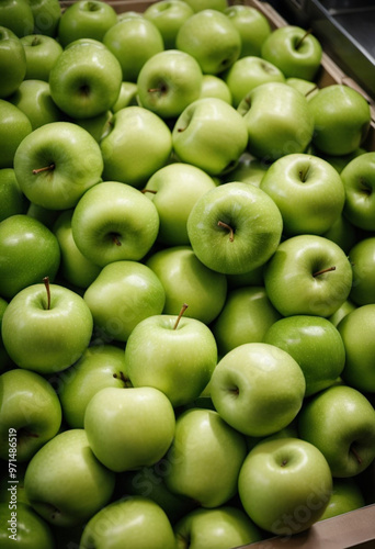 A colorful assortment of green apples is neatly arranged on a supermarket counter, inviting customers to explore and select fresh fruit. Generative AI