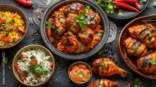 A sumptuous Indian food spread with chicken tikka masala, tandoori chicken, and appetizers on dark concrete background