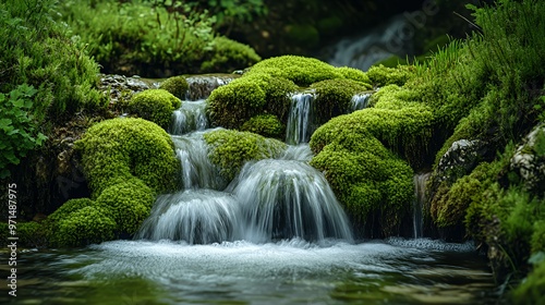 Small waterfall cascading down mossy rocks.