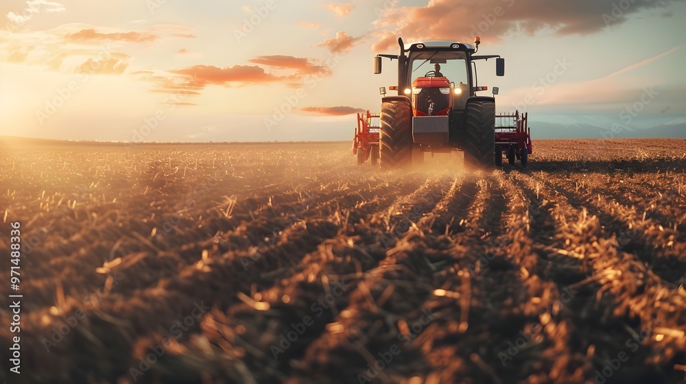 Fototapeta premium Autonomous Tractor Plowing Field at Sunset Smart Agriculture Concept with and Robotics