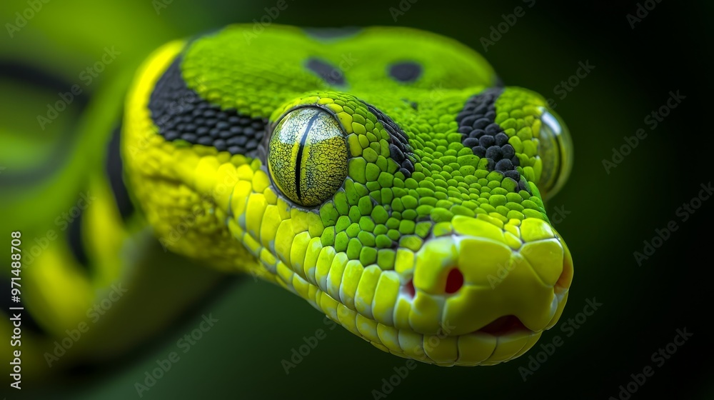 Fototapeta premium A tight shot of a green snake's head, adorned with black and yellow stripes down its body, and circumscribed by vibrant, ringed eyes