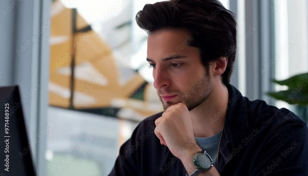 Shot of a young designer deep in thought while working on a computer in a modern office
