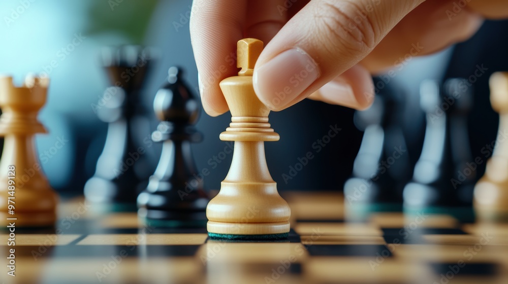 A hand is placing a piece of chess on the board, AI A hand is placing a piece of chess on the board, AI