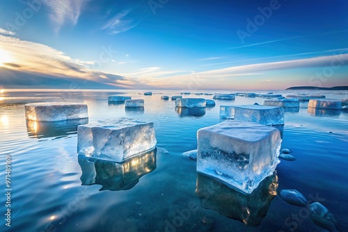Clear, frozen water blocks gently float on the calm, pale blue surface of the lake, undisturbed and serene.