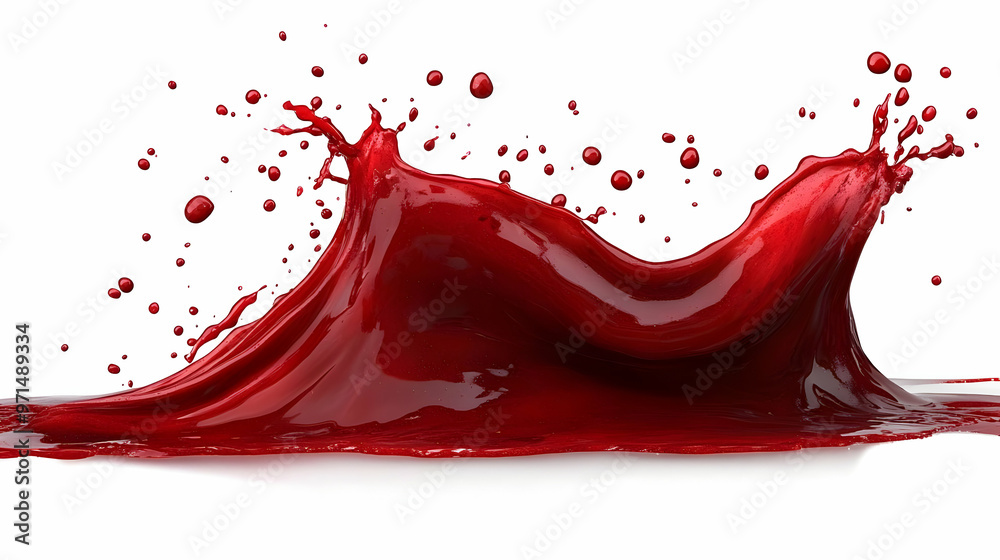 A dynamic splash of red liquid resembling blood against a white background. A dynamic splash of red liquid resembling blood against a white background.