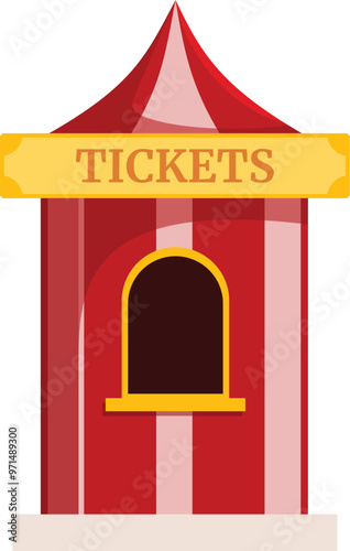 Small red and white striped ticket booth with arched window offering tickets for sale