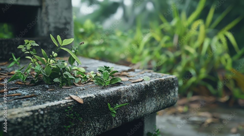 A tight shot of a plant sprouting from a concrete garden bench, surrounded by vegetation emerging from its upper surface A tight shot of a plant sprouting from a concrete garden bench, surrounded by vegetation emerging from its upper surface