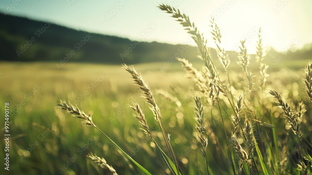 Fototapeta premium A scene of tall grasses, sun-filtered through tree canopies, and a distant hump as a hill