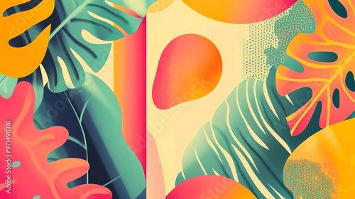 Vibrant abstract design featuring tropical leaves and colorful shapes, perfect for summer themes and nature-inspired projects.