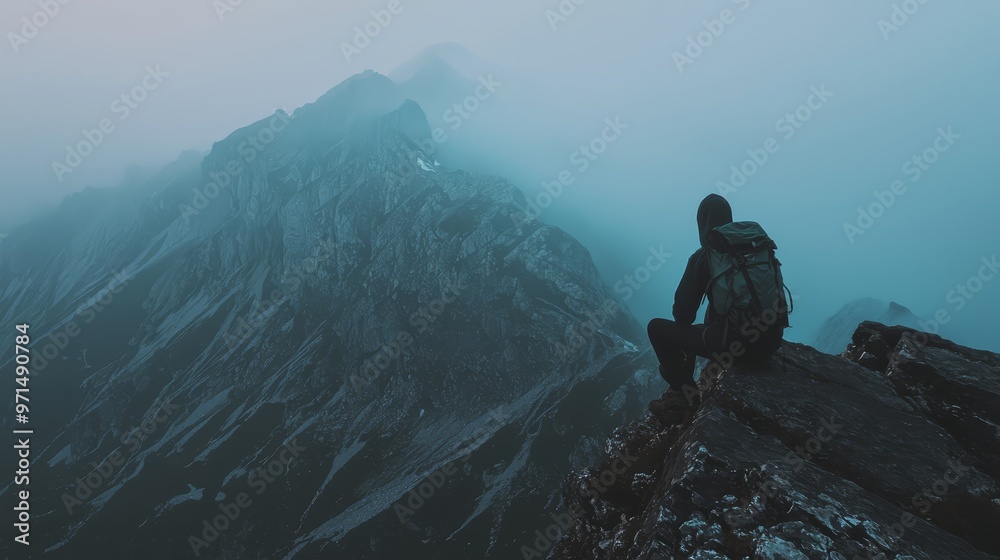 custom made wallpaper toronto digital A man sits atop a mountain, facing fog-shrouded peaks, with his back to the camera