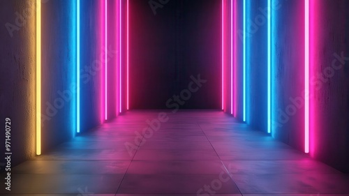 Vibrant neon lights illuminate a sleek corridor, creating a striking atmosphere perfect for artistic or futuristic themes.