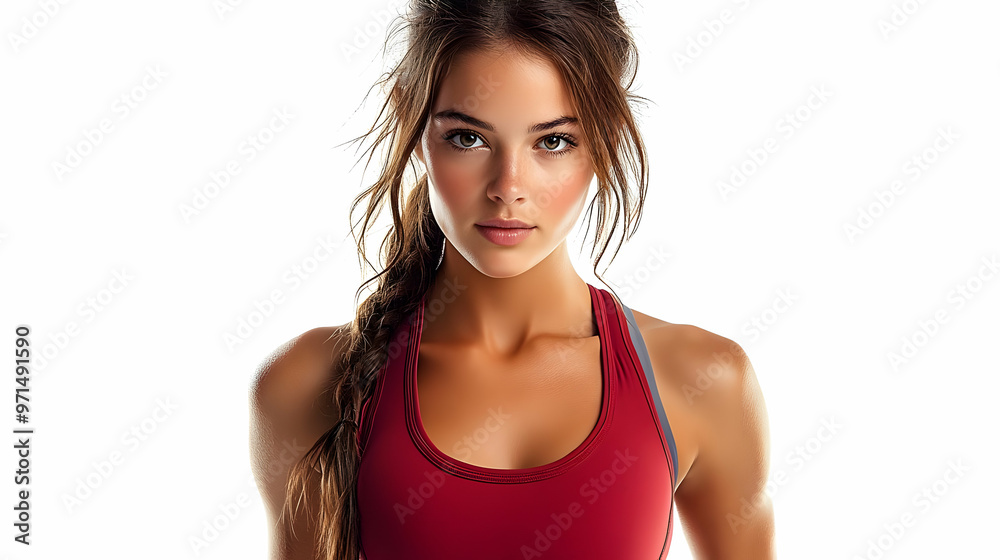 A fit young woman poses confidently in athletic wear against a bright background. A fit young woman poses confidently in athletic wear against a bright background.