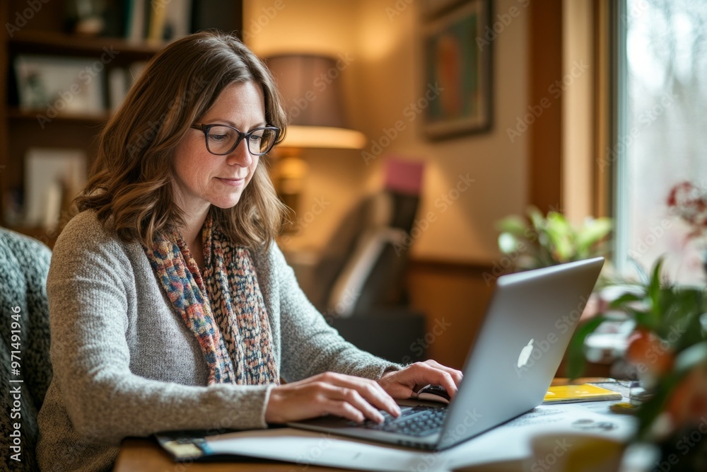 a woman who is working at her desk in her home office. she is working on her laptop and seems at peace. a woman who is working at her desk in her home office. she is working on her laptop and seems at peace.
