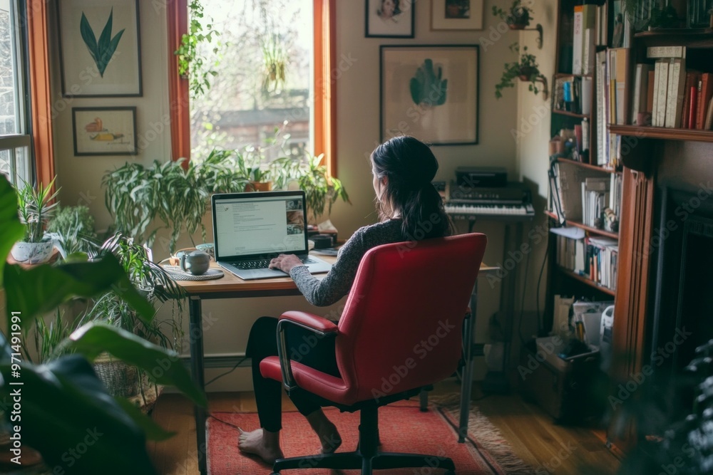 a woman who is working at her desk in her home office. she is working on her laptop and seems at peace. a woman who is working at her desk in her home office. she is working on her laptop and seems at peace.