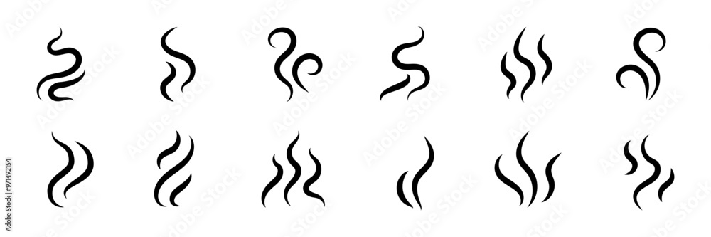 Smoke steam icon vector logo set. Smoke smell, steam aroma heat icon illustration. Hot vapor fire doodle line logo. Hit stink, coffee, fragrance flame elements. Vector illustration. Smoke steam icon vector logo set. Smoke smell, steam aroma heat icon illustration. Hot vapor fire doodle line logo. Hit stink, coffee, fragrance flame elements. Vector illustration.