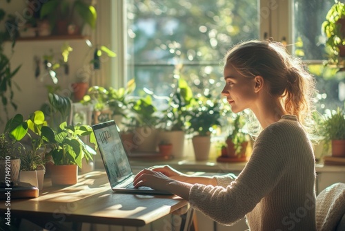 a woman who is working at her desk in her home office. she is working on her laptop and seems at peace. 