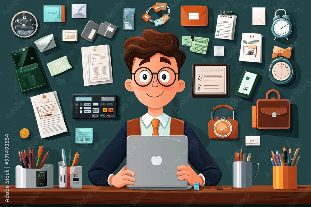 Office worker tangled in debt, unable to escape financial trap, flat design illustration Office worker tangled in debt, unable to escape financial trap, flat design illustration