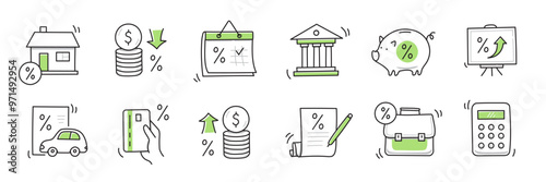 Loan interest rate doodle icon set. Hand drawn sketch doodle line style bank money loan interest rate icon for house, car discount percentage concept. Trendy cute element. Vector illustration
