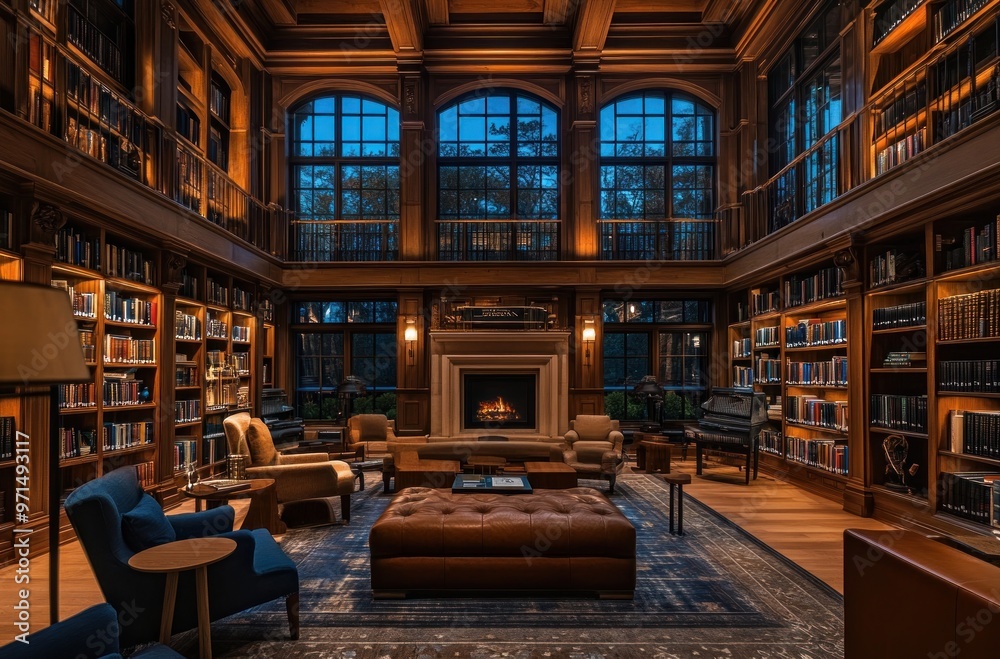 Spacious Library with Fireplace and Large Windows Spacious Library with Fireplace and Large Windows