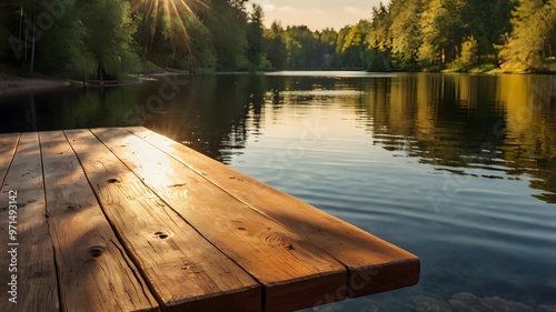 A wooden table top overlooking a serene lake, with the warm sunlight filtering through the trees and casting a golden glow on the surface.