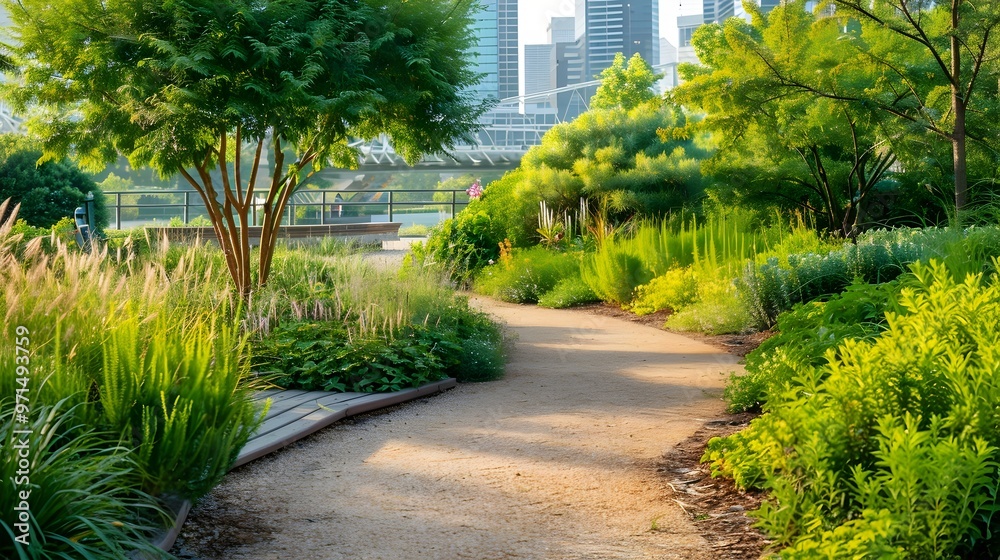 Obraz premium Lush Urban Park Oasis with Winding Paths and Native Vegetation