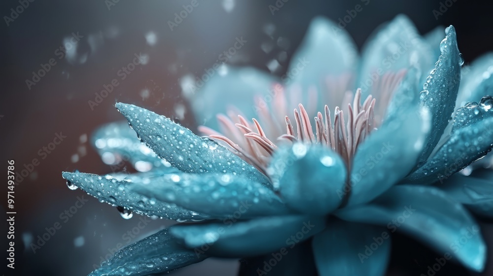 A blue flower with dewdrops on its petals and a blurred background A blue flower with dewdrops on its petals and a blurred background