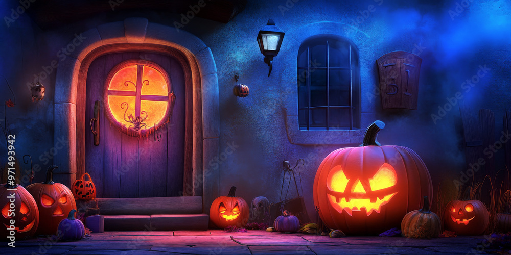 Obraz premium Charming Halloween Night With Glowing Pumpkins Outside a Cozy Door